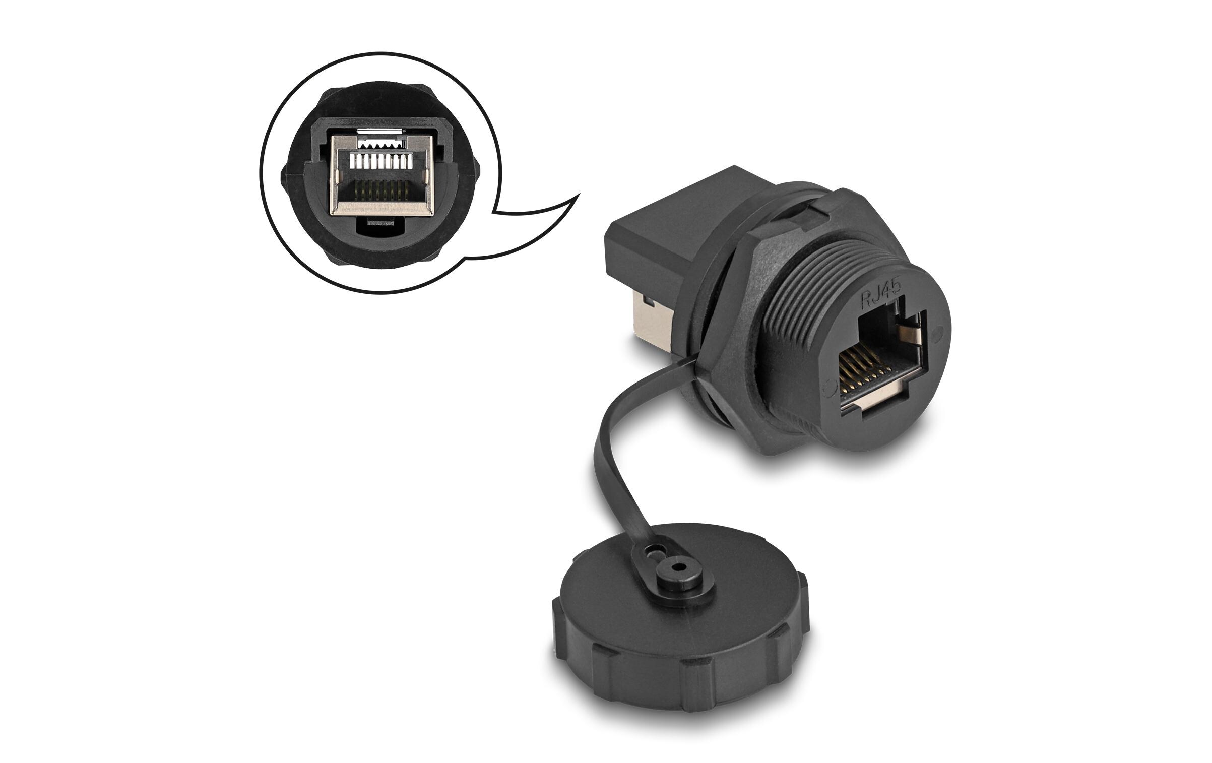 Kupplung RJ45 Cat.6A mit Verschlusskappe, zum Einbau 1 StückDelock RJ45 Cat.6A Kupplung mit Verschlusskappe zum Einbau IP67 staub- und wasserdicht