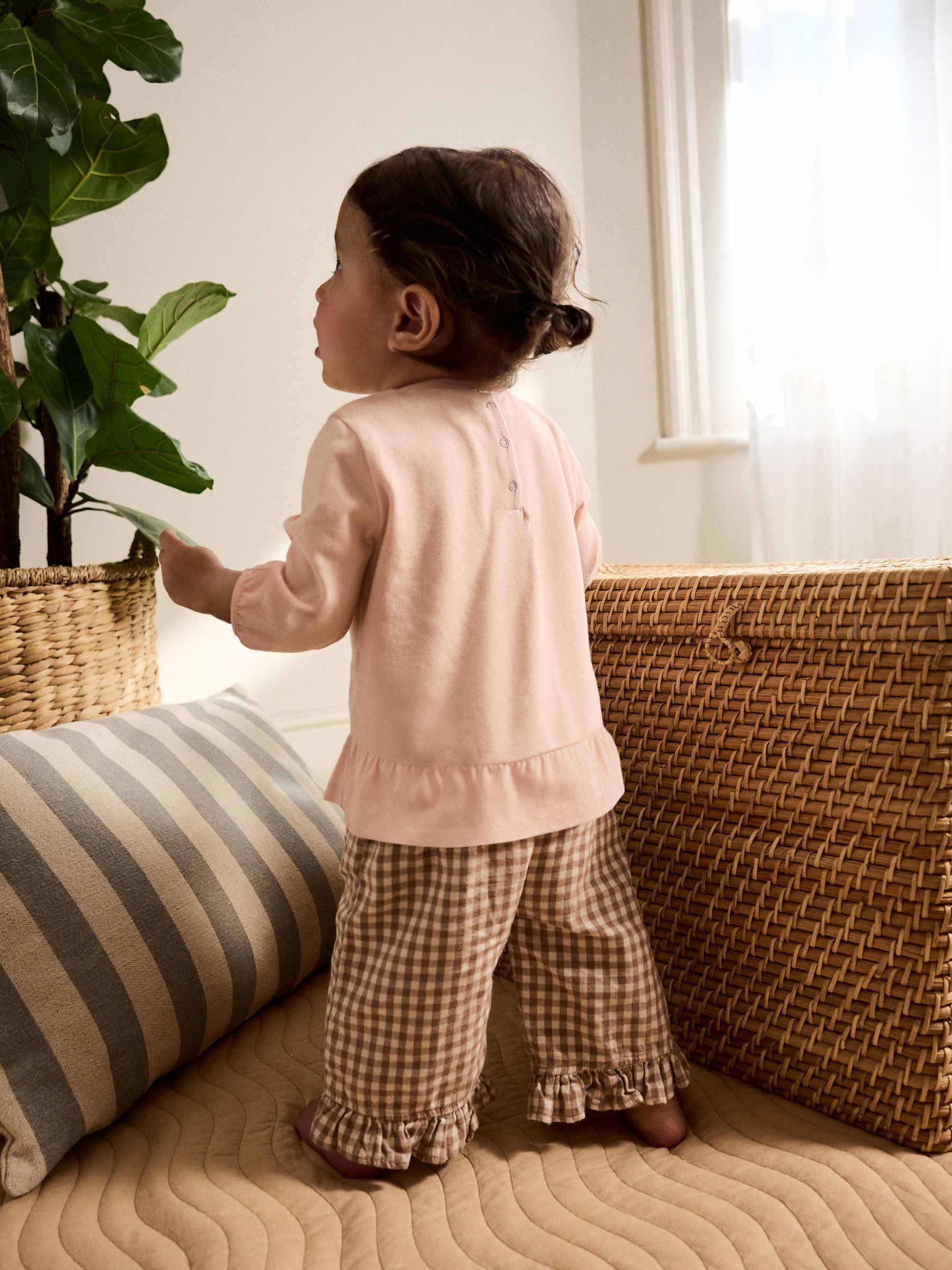 Roze/naturel gingham - 2 -delige Babyset van peplum top met Lange mouwen en Broeken (0mnd -2jr)