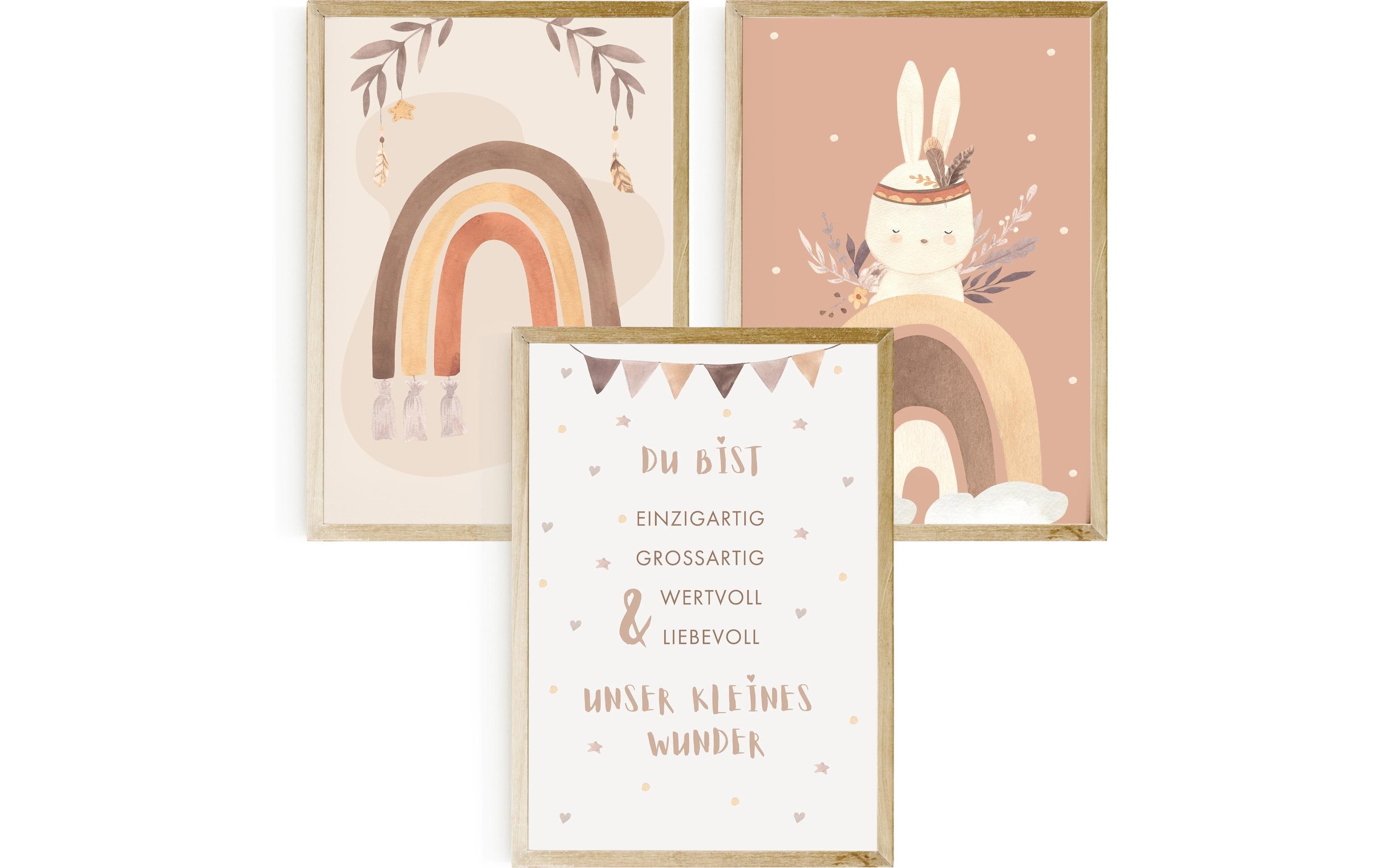Posterset Hase 3 Stk.Babyposter «Hase, Regenbogen, Spruch»