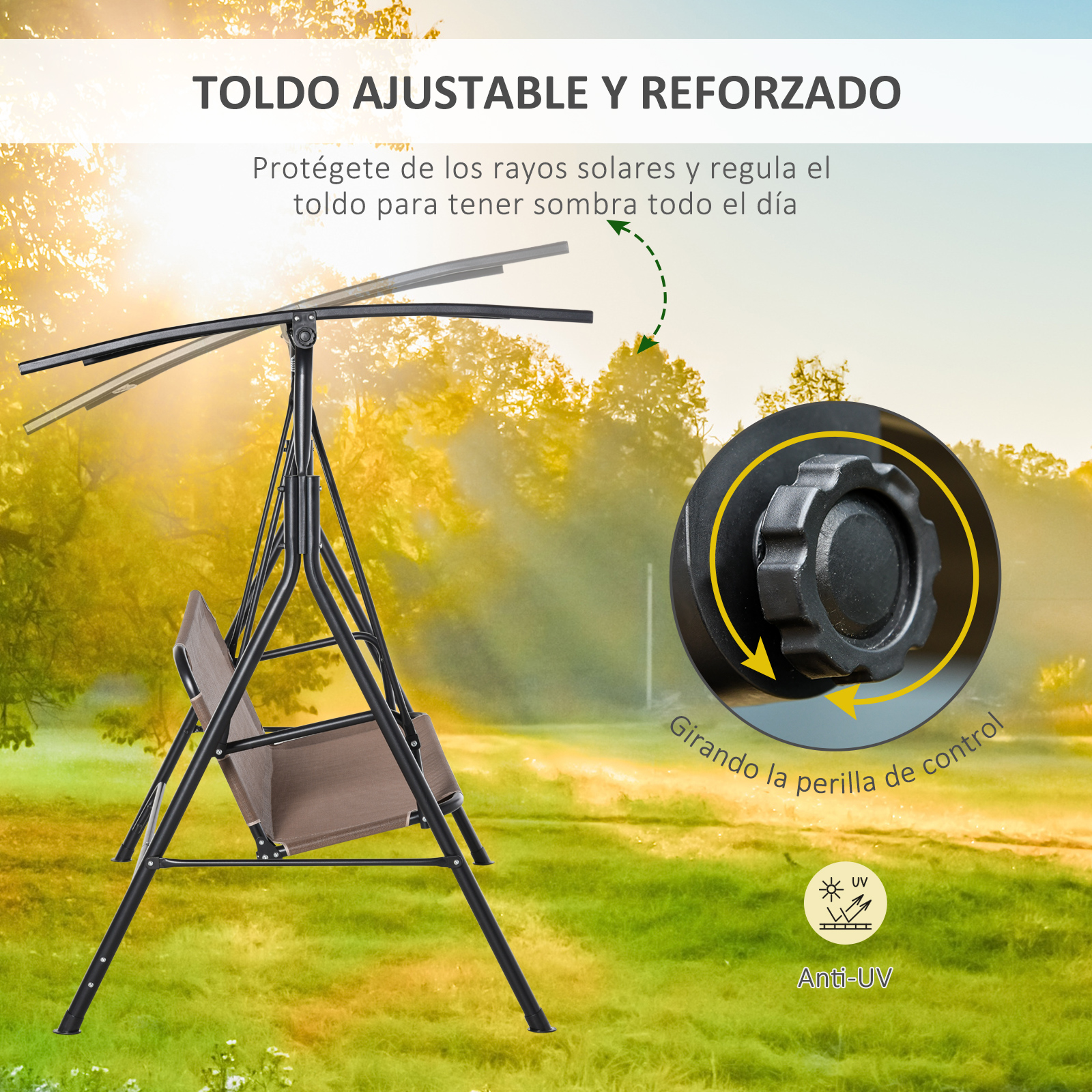 Cadeira de balanço de jardim Outsunny para 2 pessoas com cobertura ajustável em ângulo, ideal para pátio, varanda e uso externo. Capacidade de carga de 200 kg, dimensões 172 x 110 x 155 cm, marrom.