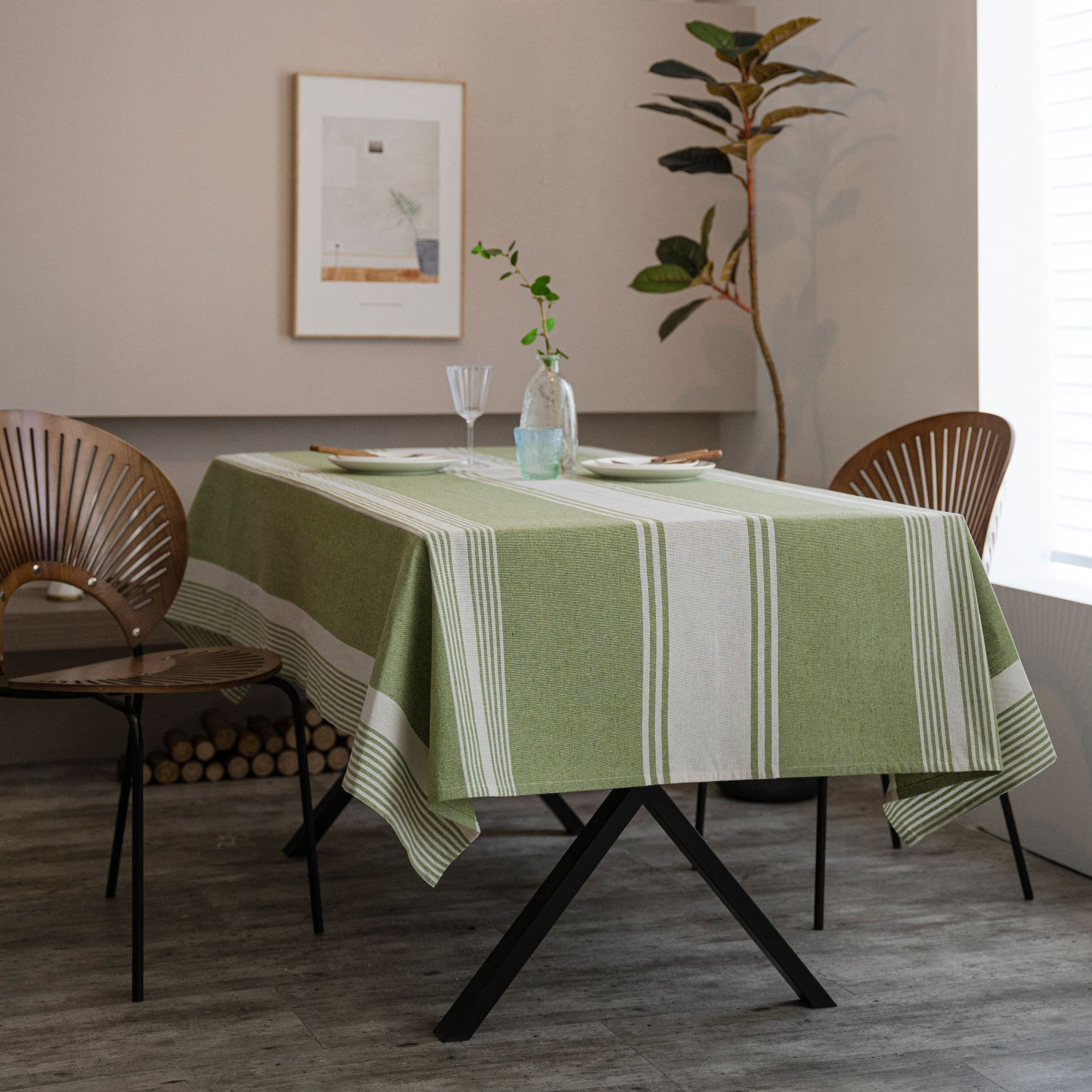 (140x260cm) Leinen Tischdecke Esszimmer Boho Deko Hygge Lifestyle Tisch Tuch - Beige / Grün