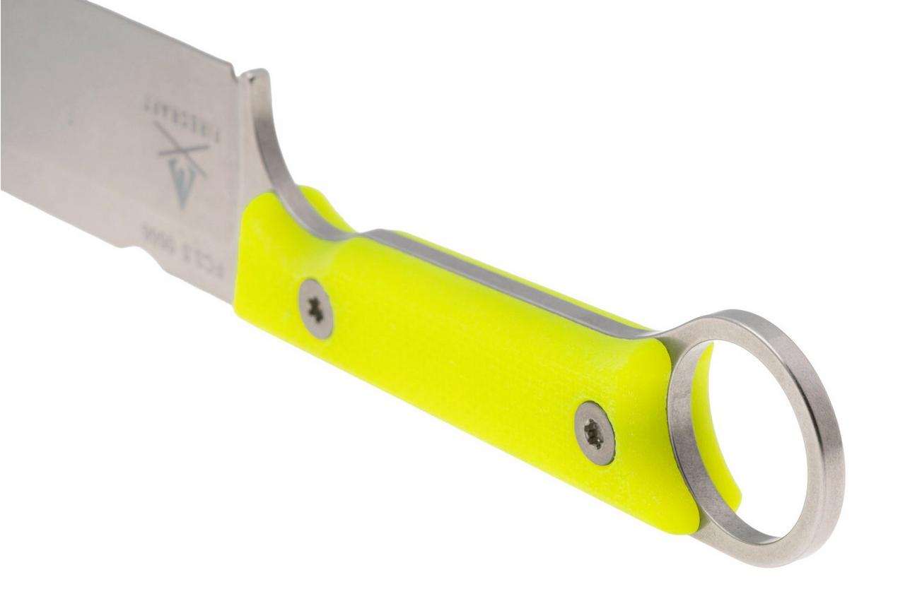 White River Firecraft 3.5 Pro, Stonewashed Magnacut, Yellow G10, survivalmes, Kydex schede met firesteel