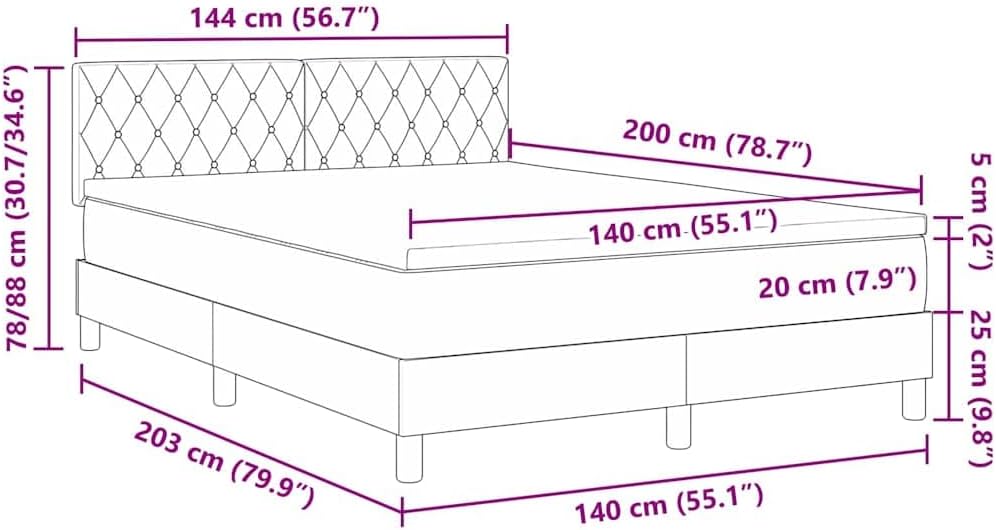 vidaXL Boxspringbett mit Matratze Dunkelgrau 140 x 200 cm Samt, Moderne Schlafzimmermöbel, stylisches Samt-Bett, strapazierfähige Schaum-Matratze, anpassbar für erholsamen Schlaf