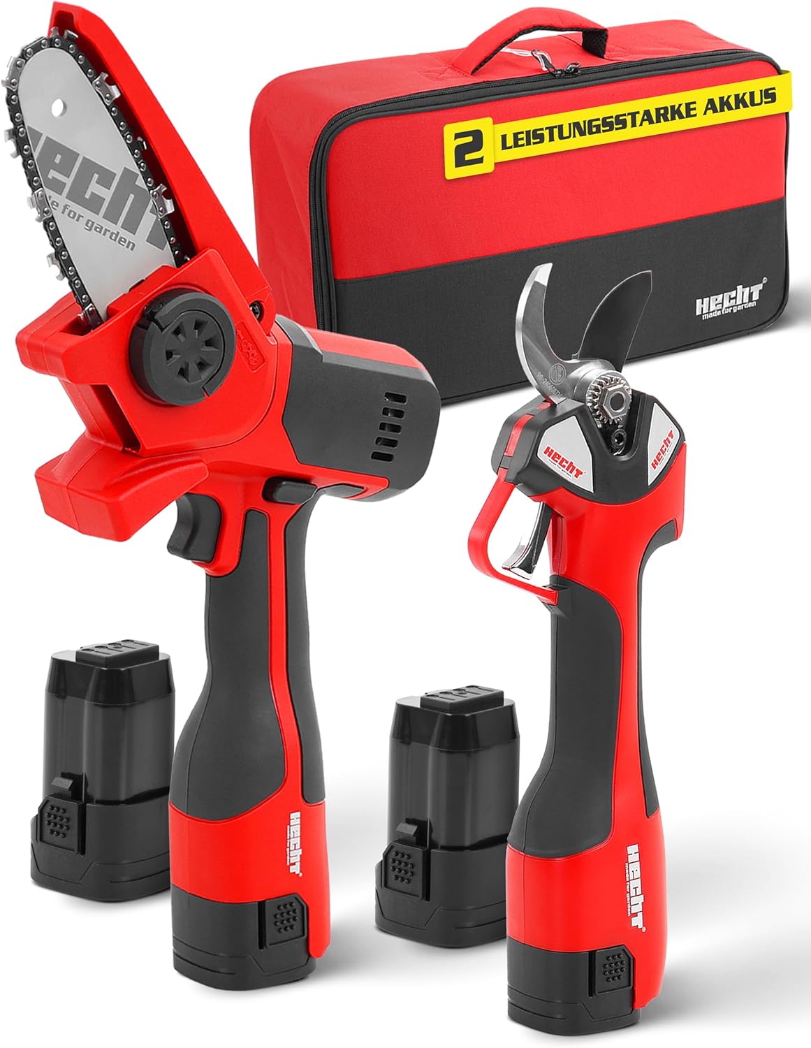 HECHT Akku Astschere 32 mm & Mini Kettensäge 14 cm – elektrische Gartenschere 650 W mit 2 × 14,4 V Akkus, Profi Baumscheren-Set für Garten-, Ast- & Holzsäge-Arbeiten, inkl. Tasche & Zubehör