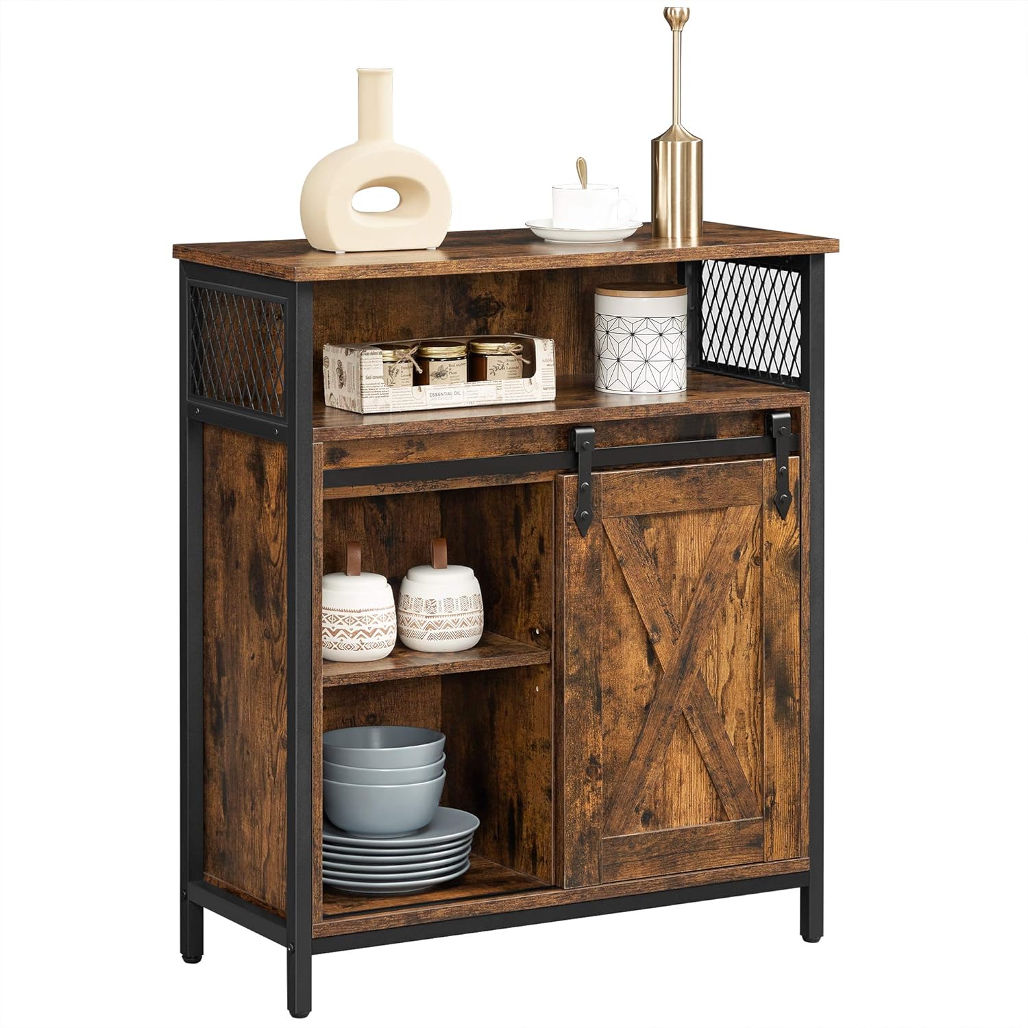 VASAGLE Aufbewahrungsmöbel, Sideboard, mit Schiebetür, offenes Fach, verstellbares Regal, industrieller Stil, für Eingang, Wohnzimmer, Küche, Büro, rustikales Braun und Schwarz LSC089B01