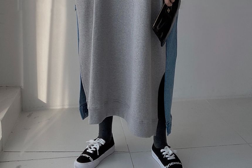darkroesin - Maxi-sweatjurk met lange mouwen, ronde hals en denim paneel met letters