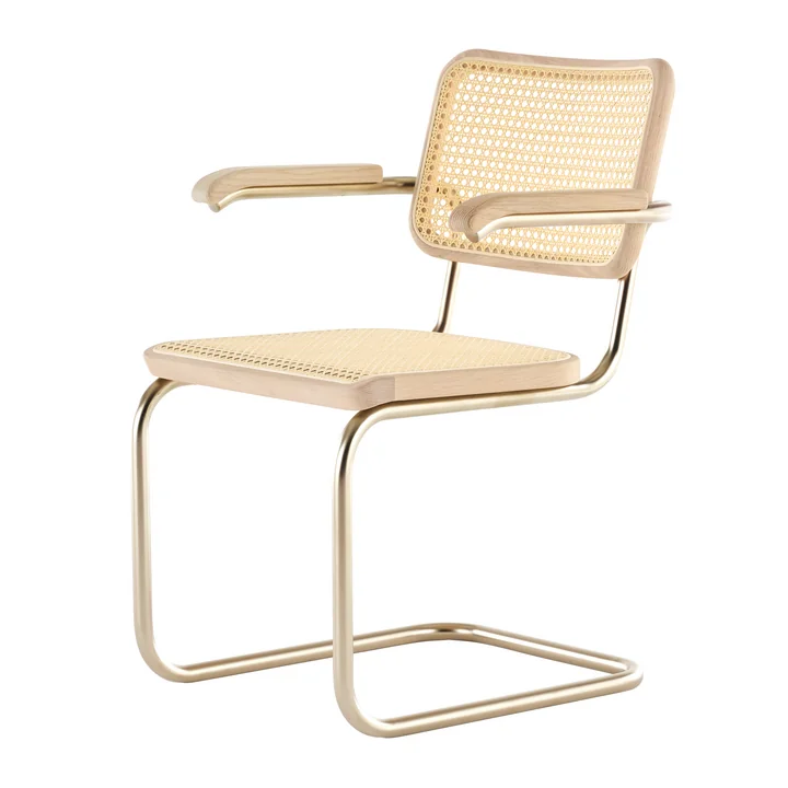 Thonet - JS. THONET a personal Interpretation by Jil Sander S 64 V Nordic Armlehnstuhl, Nickelsilver / Eiche weiss pigmentiert / Rohrgeflecht mit Kunststoffstützgewebe