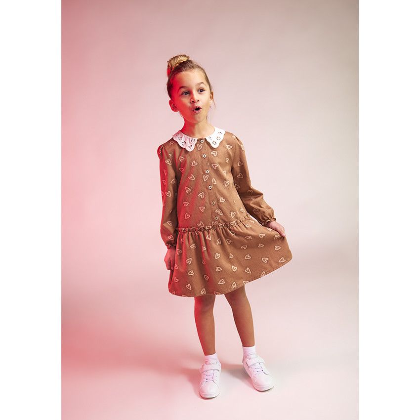 Robe manches longues en voile de viscose imprimé coeurs pour fille - Marron