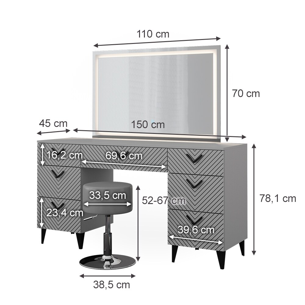Vicco Schminktisch Anett Grau mit LED-Spiegel, Hocker, 150 x 78 cm, 7 Schubladen