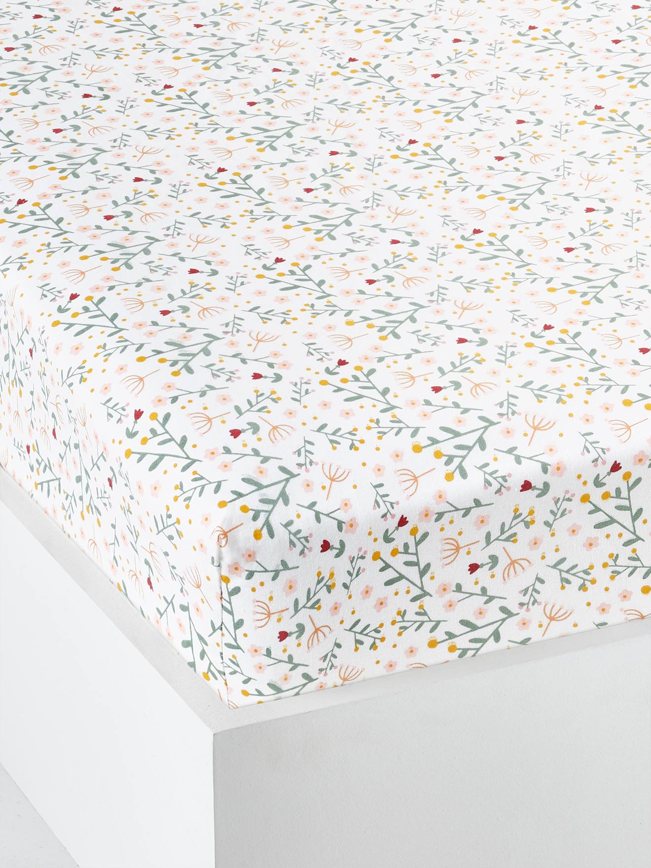 Lençol de elástico Fleurettes para bebê, branco claro, liso com estampas