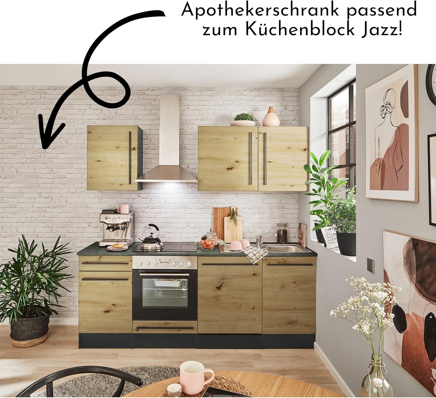 JAZZ 8 Moderner Apothekerschrank Küche in Anthrazit, Artisan Eiche Optik - Geräumiger Hochschrank Küchenschrank mit viel Stauraum - 30 x 211 x 57 cm (B/H/T)