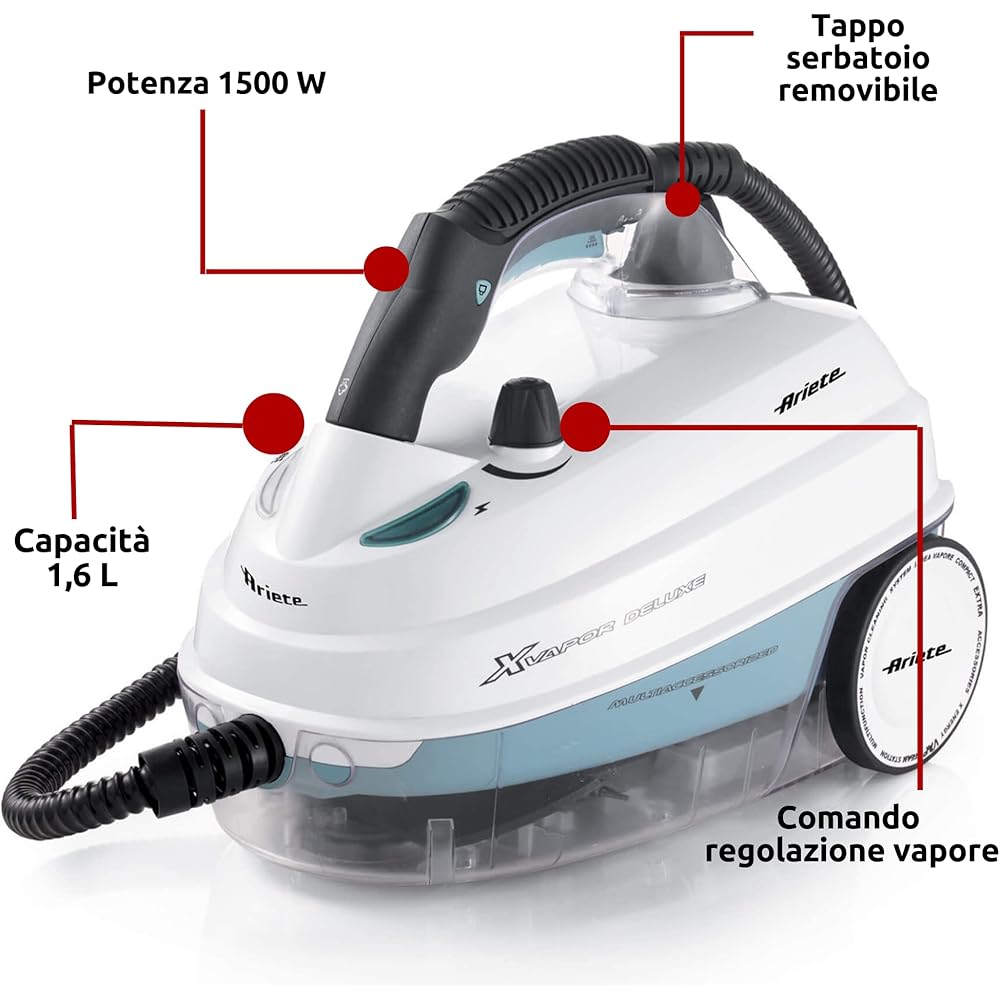 Ariete 4146 XVapor Deluxe, Nettoyeur Vapeur Mobile avec Réservoir de 1,6 Litres, 1 Heure d'Autonomie, 5 Bar, Compartiment à Accessoires Intégré, Autonomie jusqu'à 55', Cable de 6 m, 1500W, Blanc : Cuisine et Maison