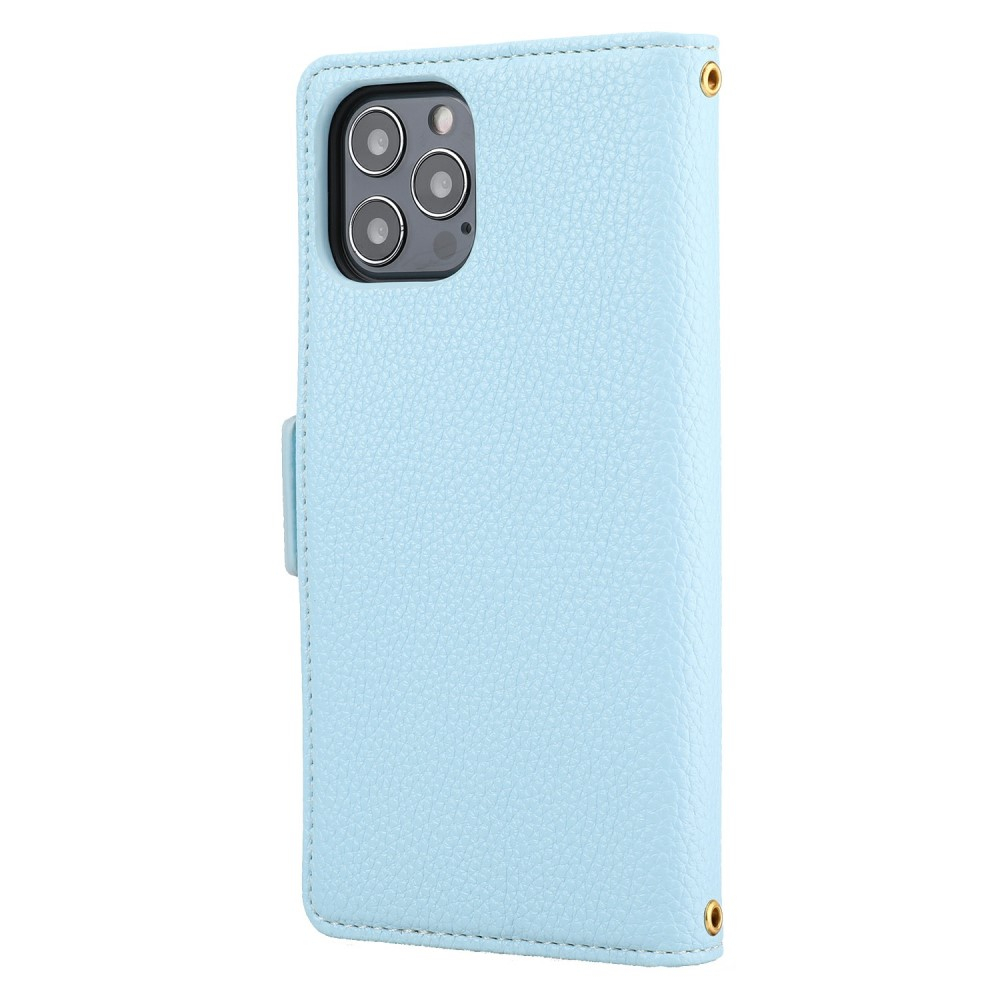 iPhone 12 / iPhone 12 Pro Leder Tasche Flip Cover Litchi Look mit Kartenfächern Geometrisches Design - Blau / Rosa / Weiss