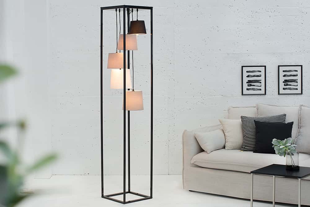 Design Stehlampe LEVELS 180cm schwarz grau 5 Leinenschirme