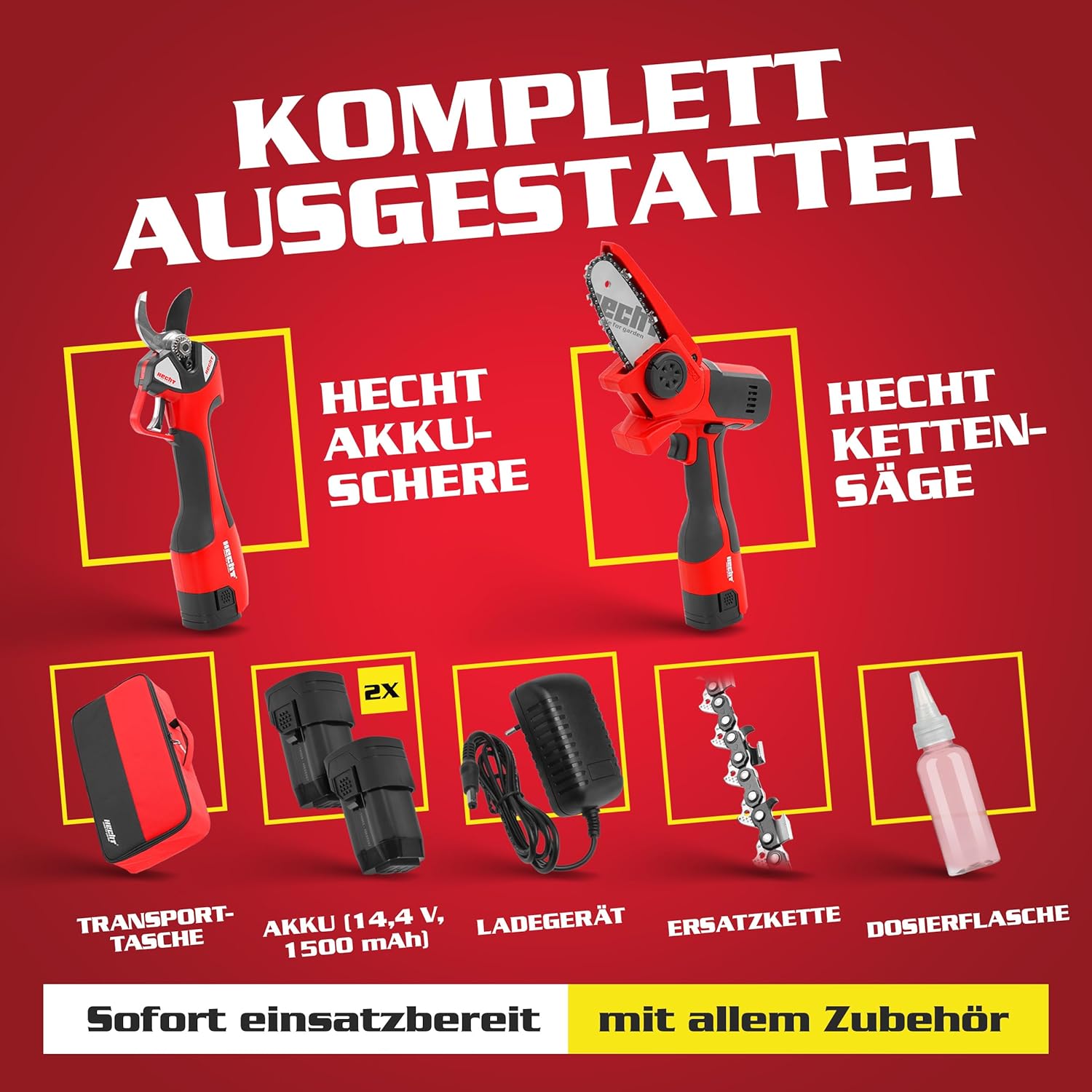 HECHT Akku Astschere 32 mm & Mini Kettensäge 14 cm – elektrische Gartenschere 650 W mit 2 × 14,4 V Akkus, Profi Baumscheren-Set für Garten-, Ast- & Holzsäge-Arbeiten, inkl. Tasche & Zubehör