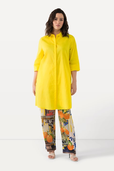 Longbluse, Leinenmix, A-Linie, Hemdkragen, 3/4-Arm