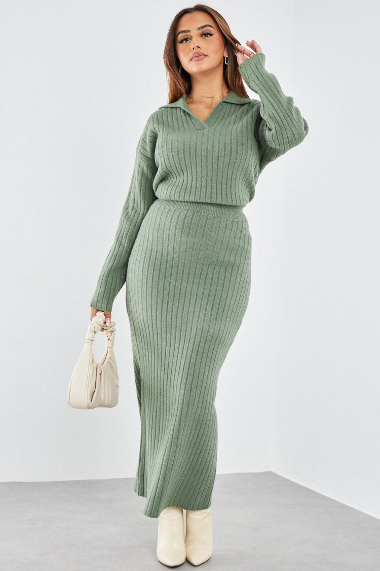 Ensemble 2 pièces pull + jupe côtelé kaki