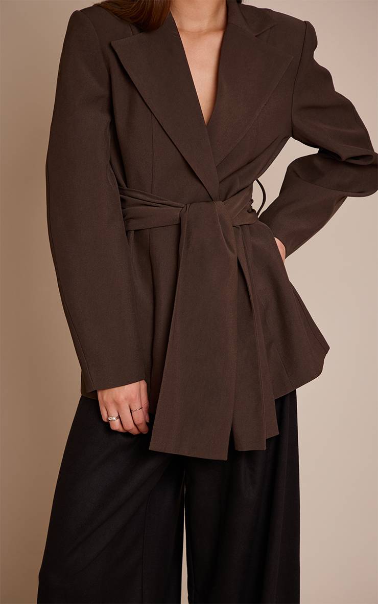 Chocolat Blazer Ceinturé Taille Froncée À Enroulement