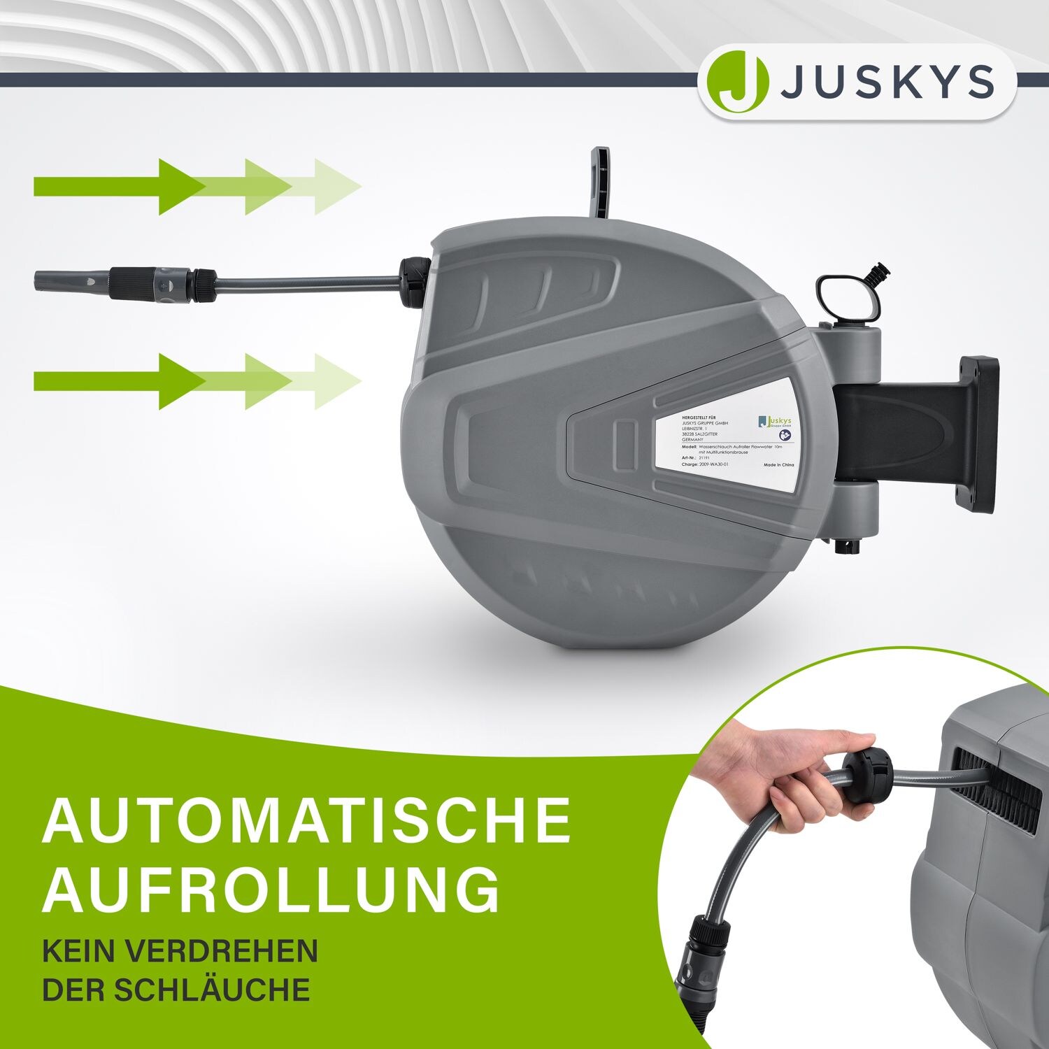Juskys Schlauchtrommel Flowwater 10 m – Schlauchbox mit flexibler Wandhalterung & Aufrollautomatik