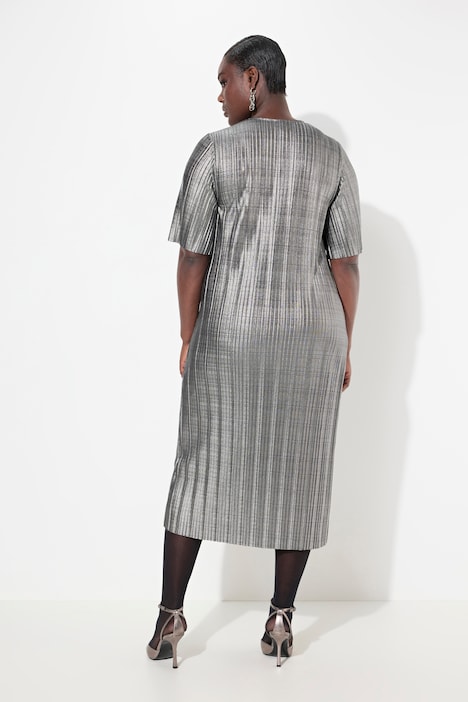 Midikleid, Silver-Plissee, A-Linie, V-Ausschnitt, Halbarm