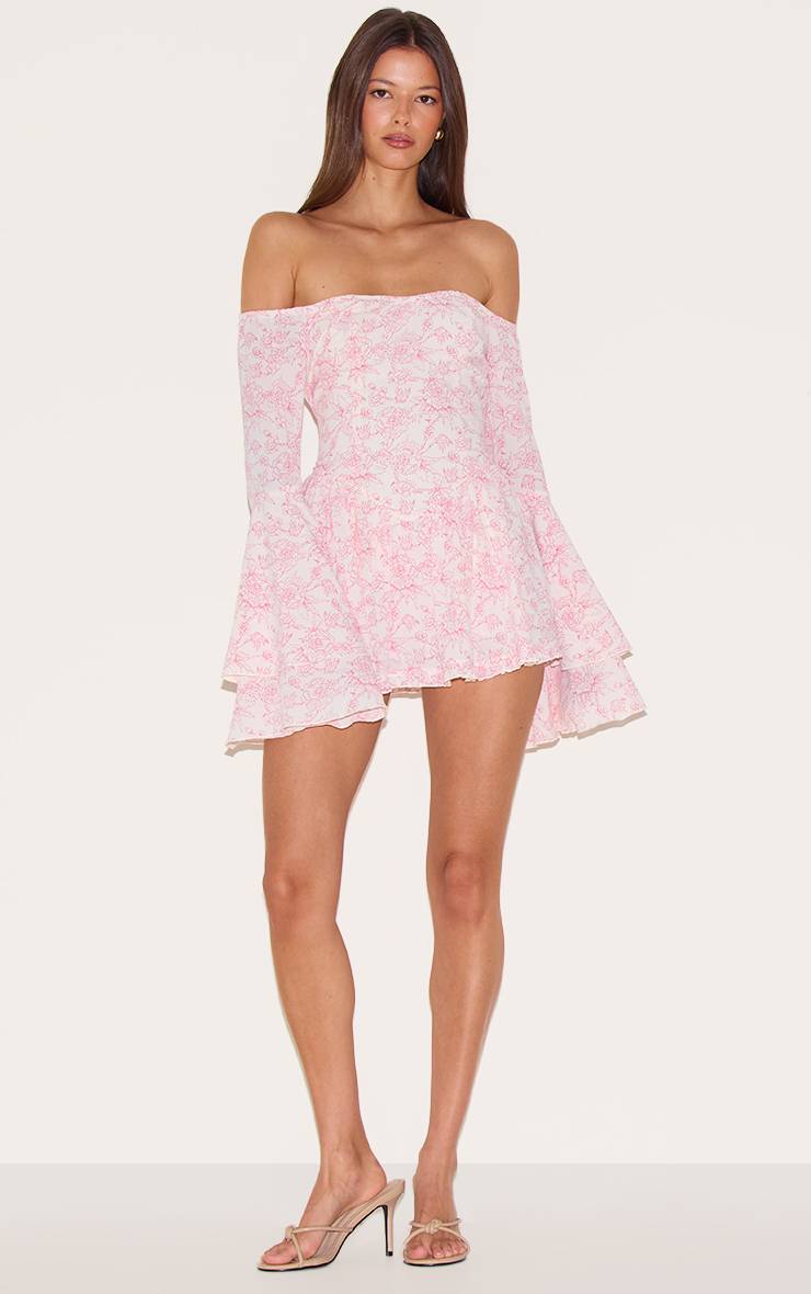 Rose Combinaison-short À Motifs Abstraits Col Bardot Et Manches Évasées