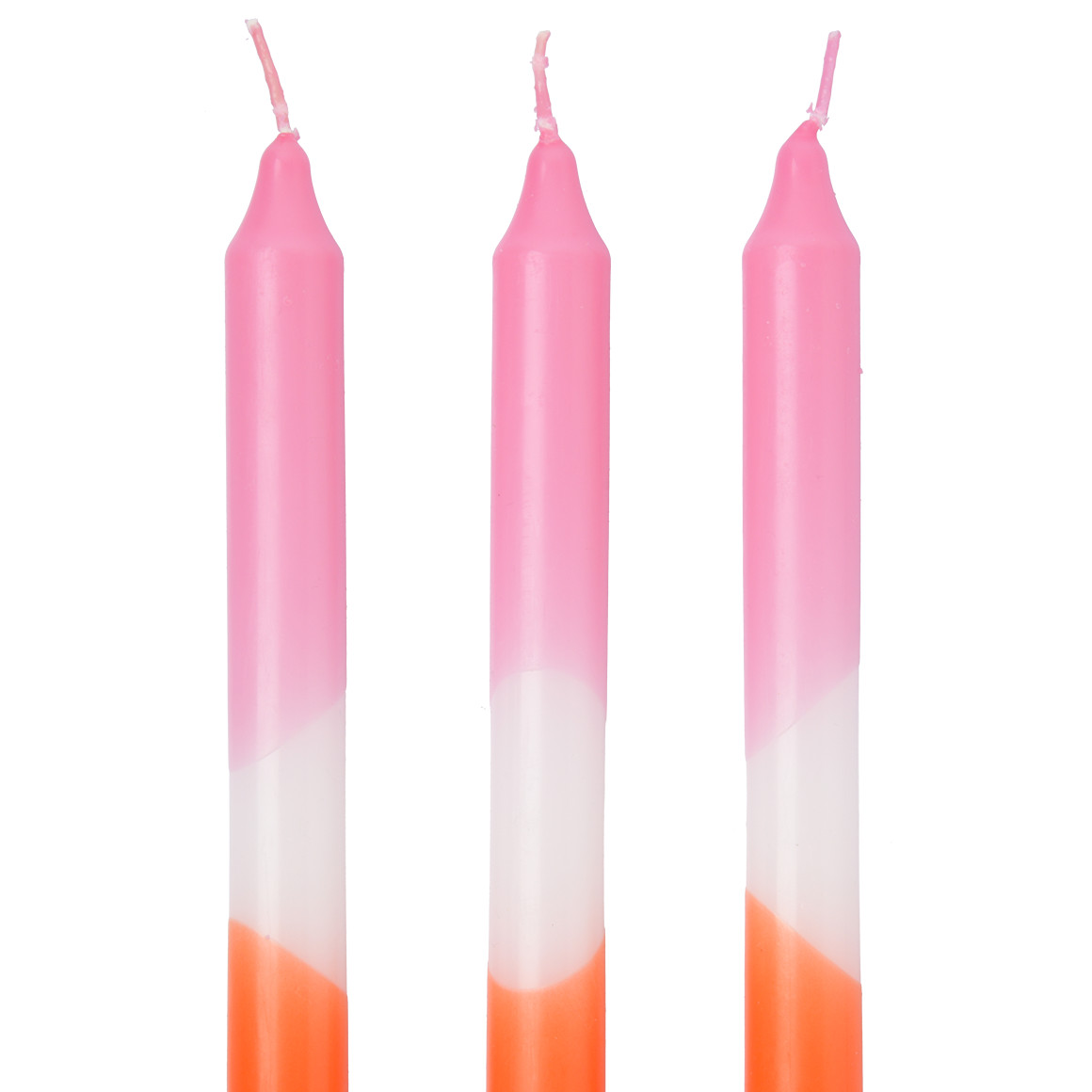 3 Stabkerzen mit  farbigem Muster rosa / weiss / orange