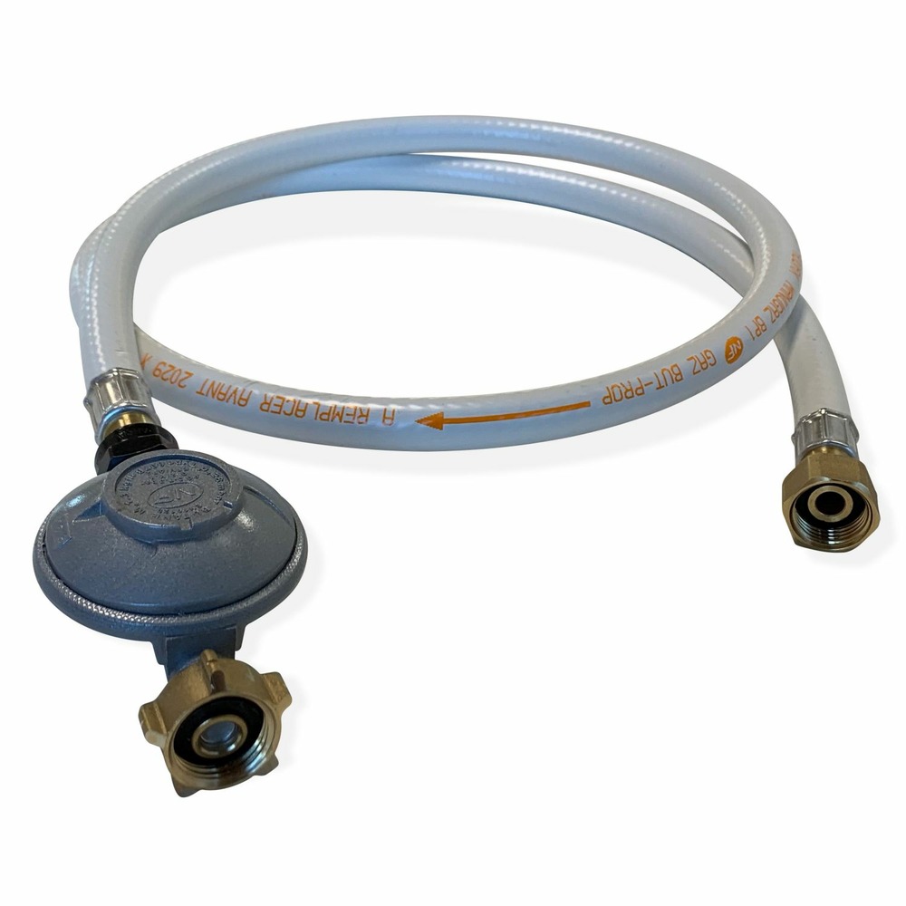 Kit tuyau flexible de gaz 1.5 m à embouts mécaniques + détendeur butane 28mbar 1.3kg/h – normes nf