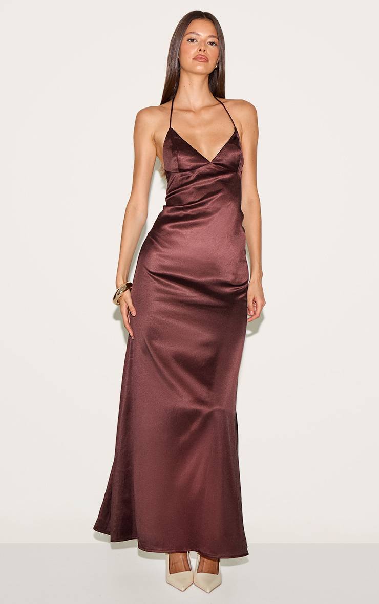 Chocolat Robe Longue Nuisette En Satin À Dos Lacé