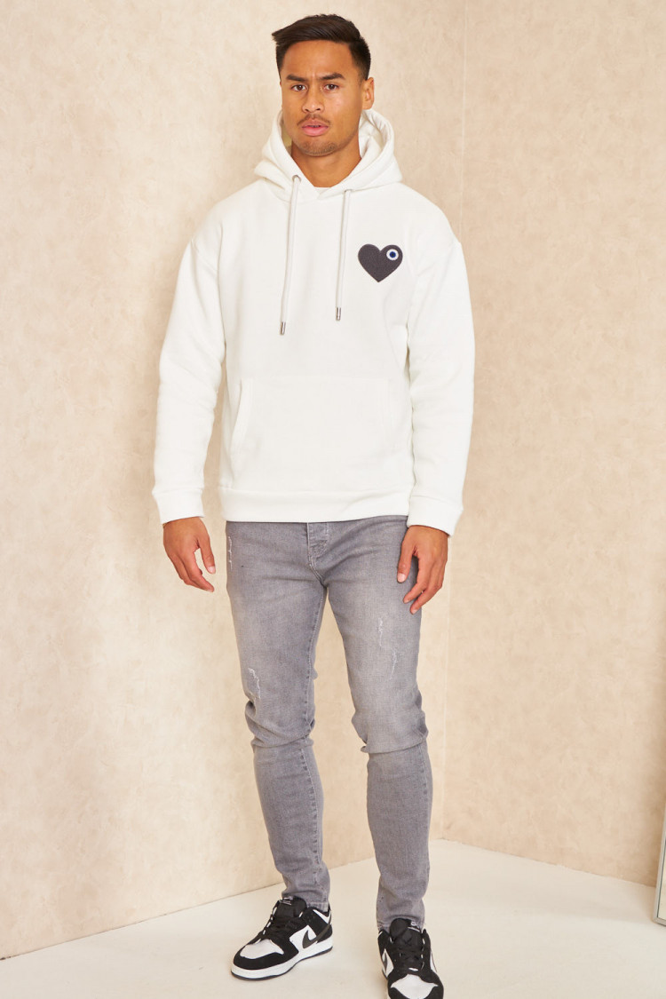 Sweat à capuche coeur brodé blanc