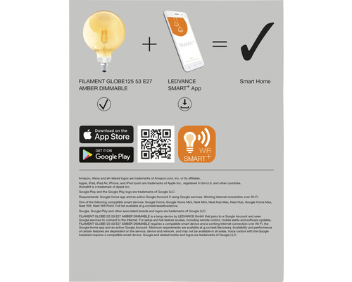 Ledvance Smart WIFI Filament LED Globe Lamp Dimbaar G125 E27/6W (53W) Goud 680 lm 2400 K Warm Wit