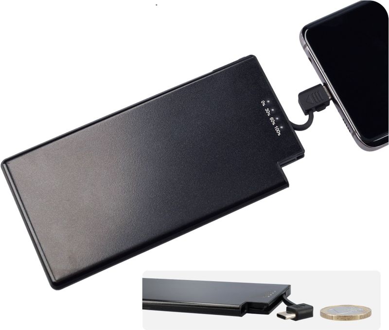 Powerbank zeer plat 6mm dik - 5000 mAh - USB ingang - USB-C - Met ingebouwde kabel! - Zwart