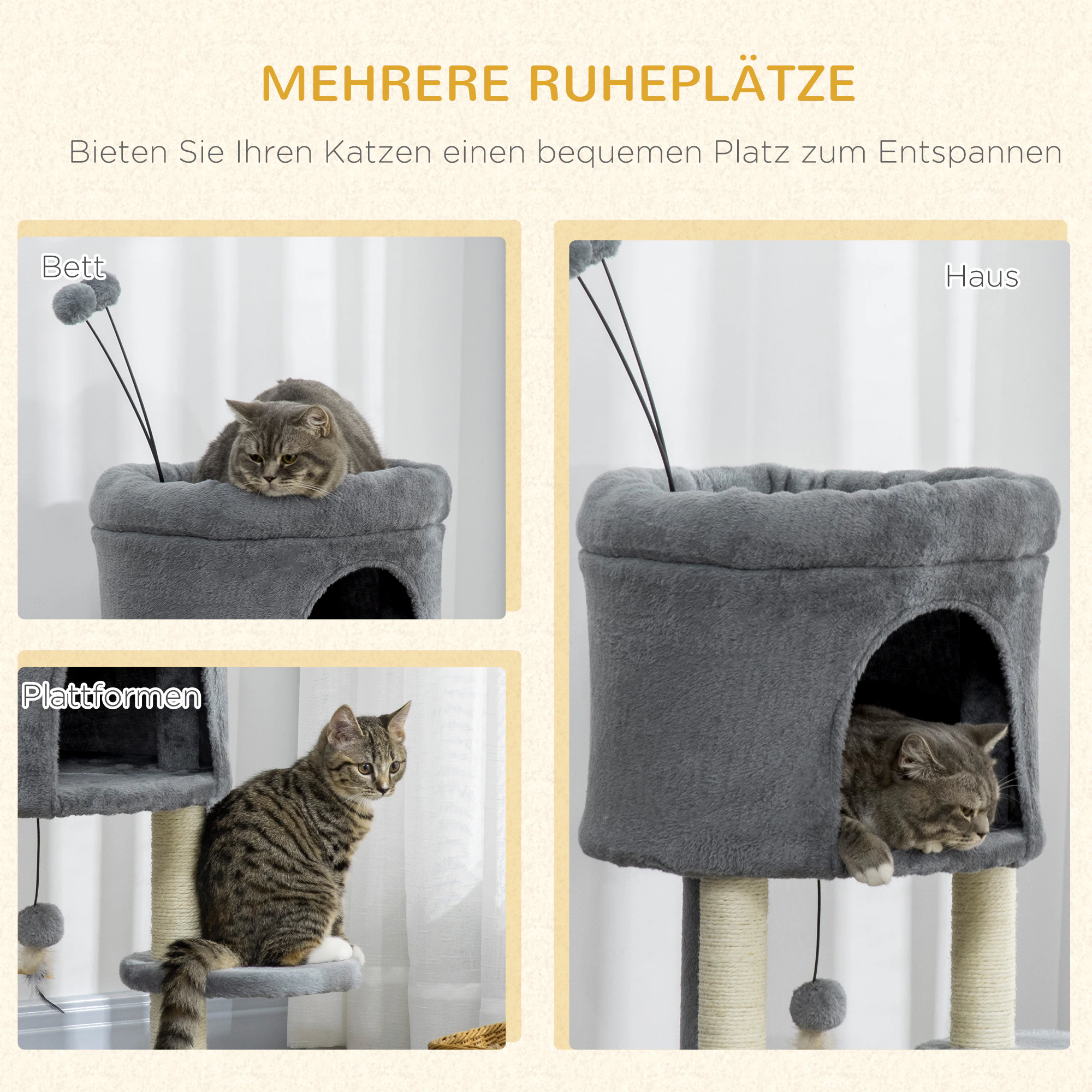 PawHut Kratzbaum mit Katzenhöhle grau, natur 44,5L x 44,5B x 73,5H cm