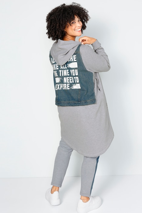 Long-Sweatjacke, oversized, Rücken-Jeansbesatz mit Print, Doppelzipper