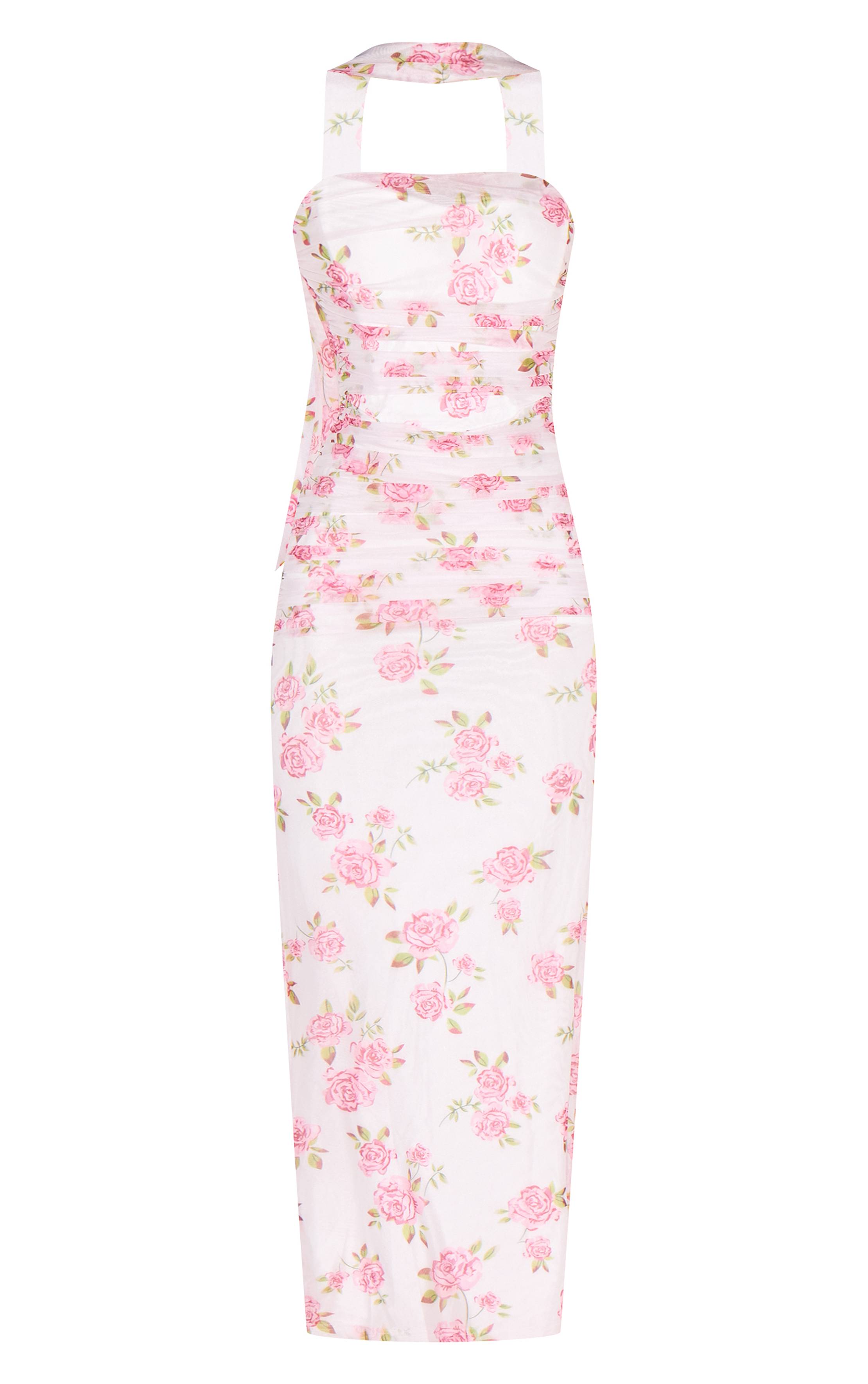 Rose Robe Longue Froncée À Détail Foulard Fleuri