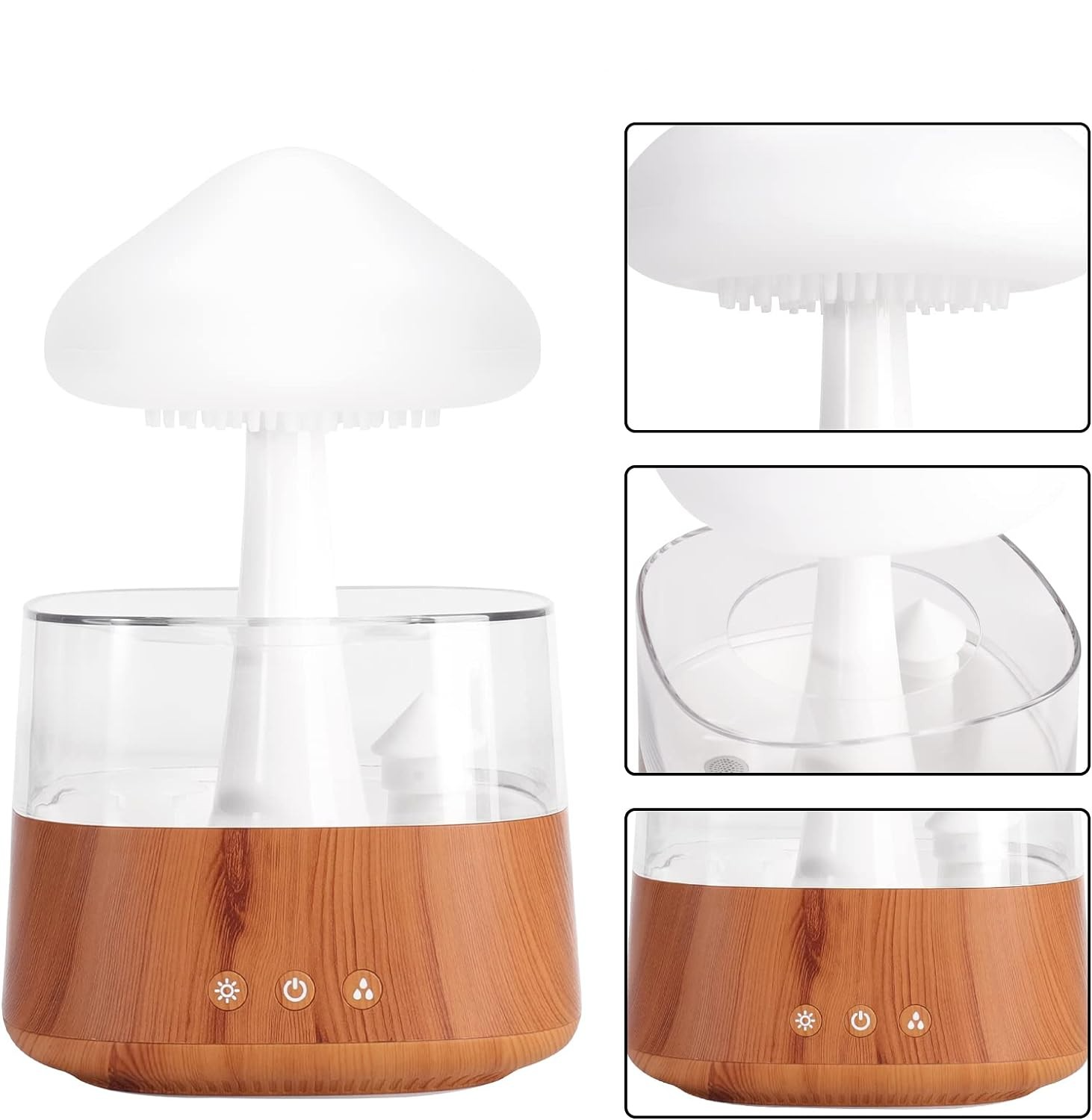 (450ml) USB Pilz Luftbefeuchter Wassertropfen Aroma Öl Diffuser Regen Wolke mit LED Beleuchtung inkl. Fernbedienung - Weiss / Braun