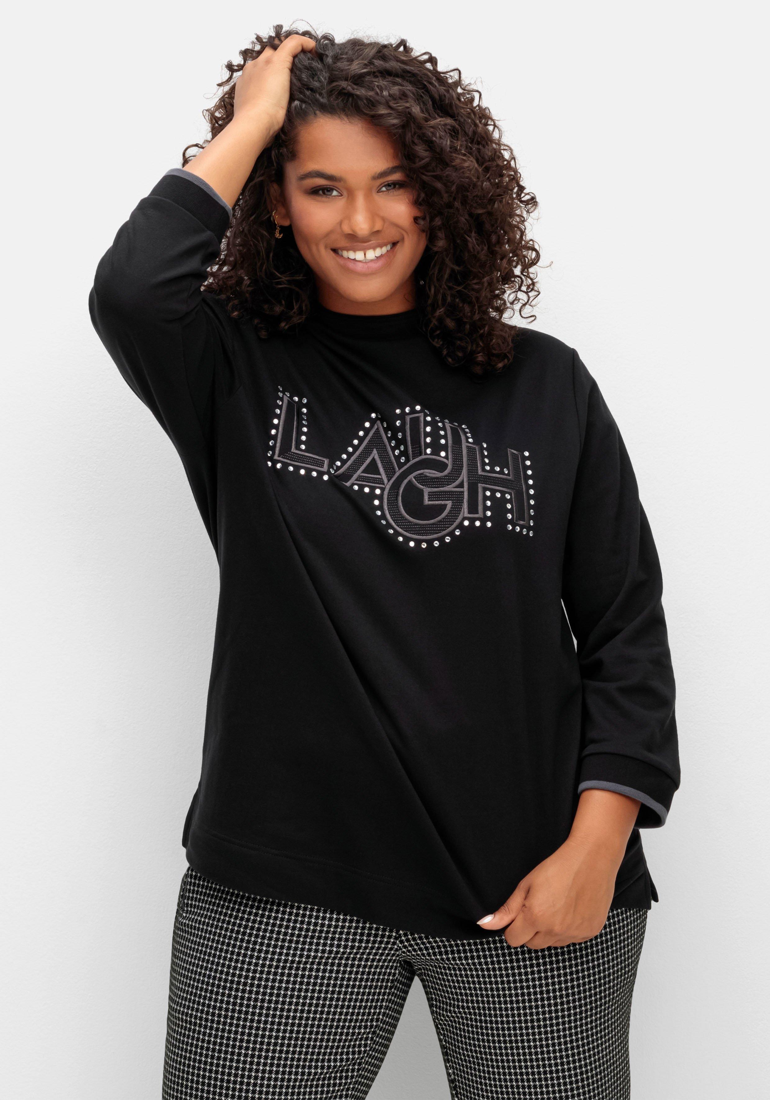 Sweatshirt mit Wording-Stickerei und Glitzersteinen