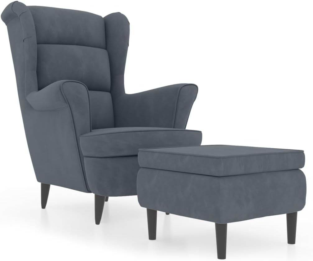 vidaXL Ohrensessel mit Hocker Armlehnen Fernsehsessel Polstersessel Loungesessel Wohnzimmersessel TV Sessel Ruhesessel Relaxsessel Dunkelgrau Samt