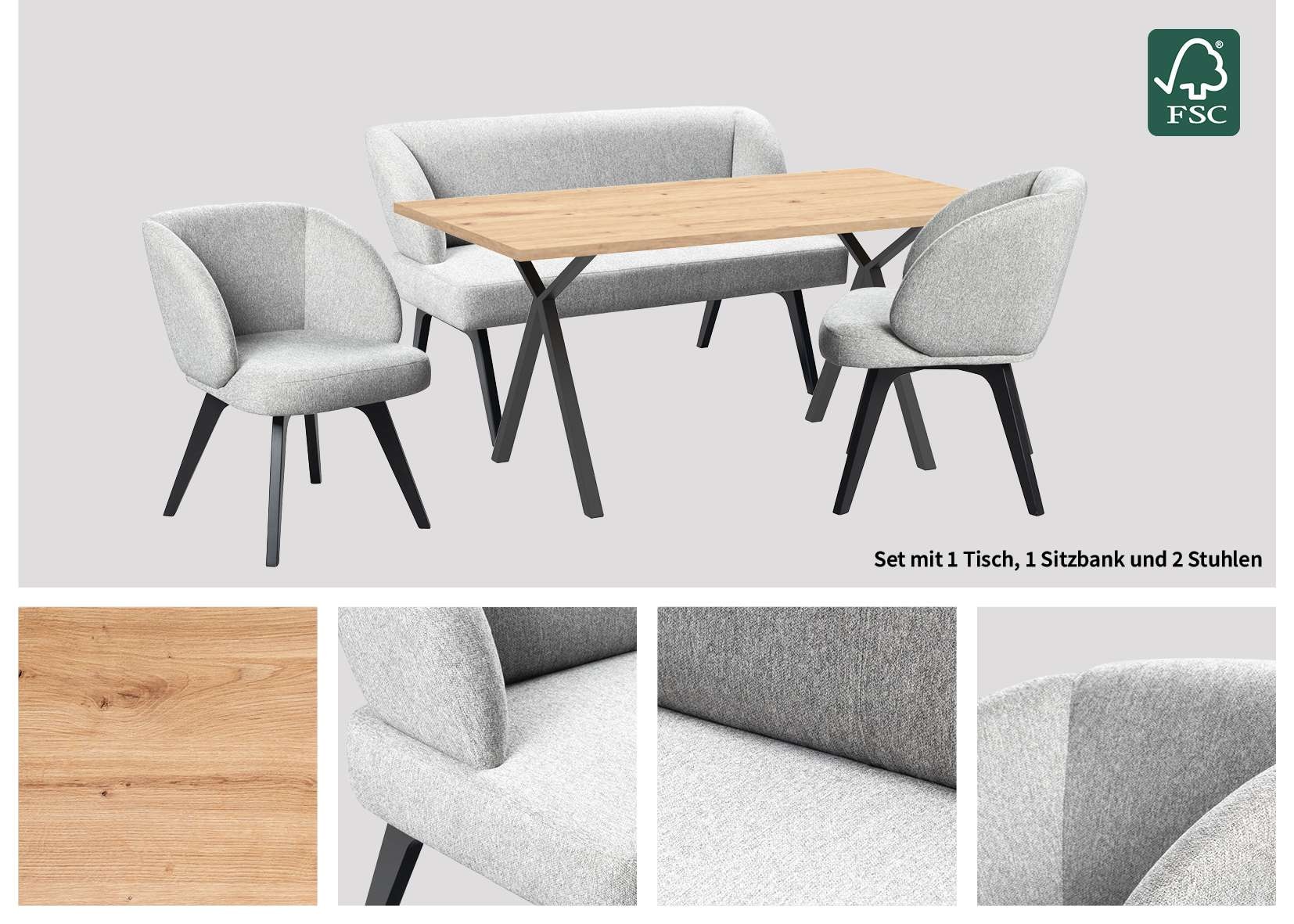 Home affaire Essgruppe »Aretha Esstischbank, Sitzgruppe, Küchenbank, Polsterbank« Set, 4er, 4 Stk. tlg. Esszimmer Sitzgruppe, Tisch, Stühle und Bank gepolstert, Nosagfederung