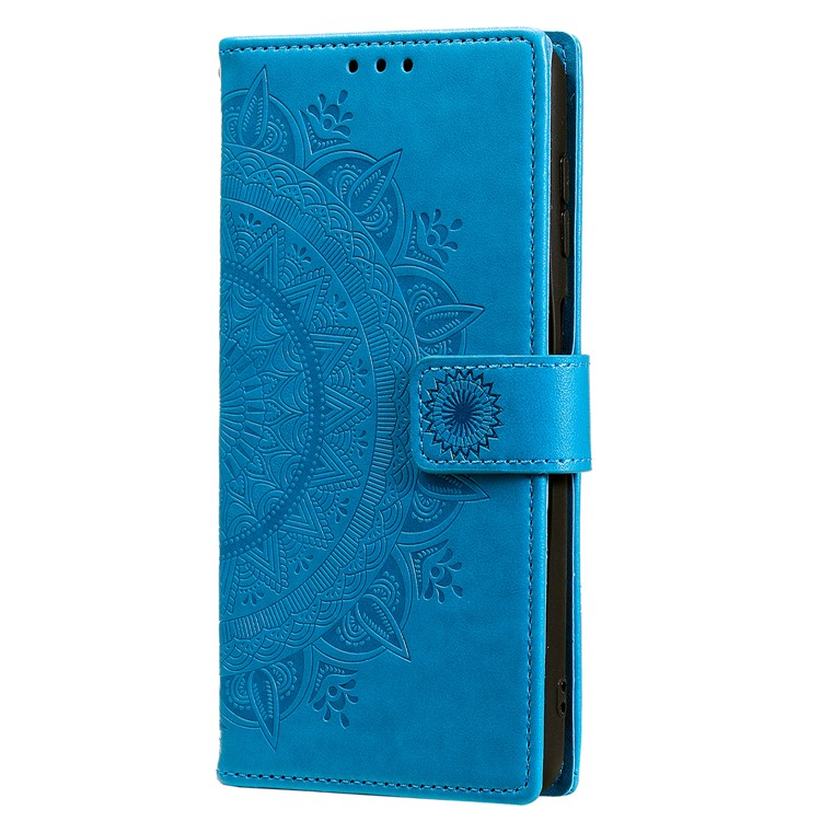 Samsung Galaxy S25 Leder Tasche Wallet - Mandala Flowers Imprint - Blau