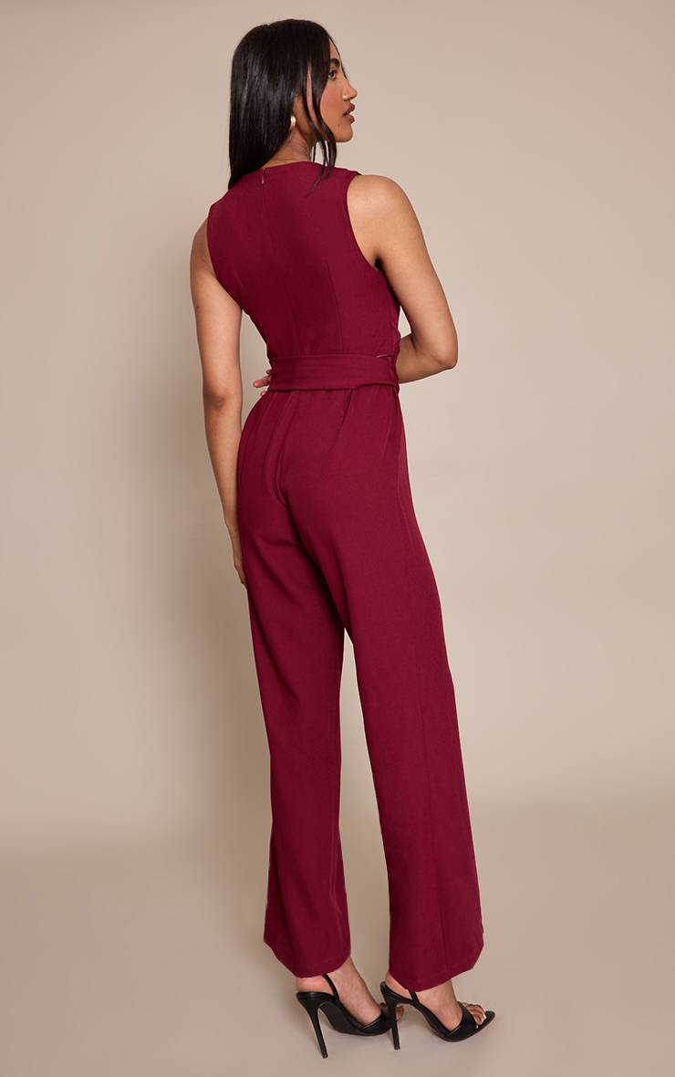 Rouge Bordeaux Combinaison-pantalon Jambes Larges En Tissu Tissé Avec Col Rond Et Ceinture