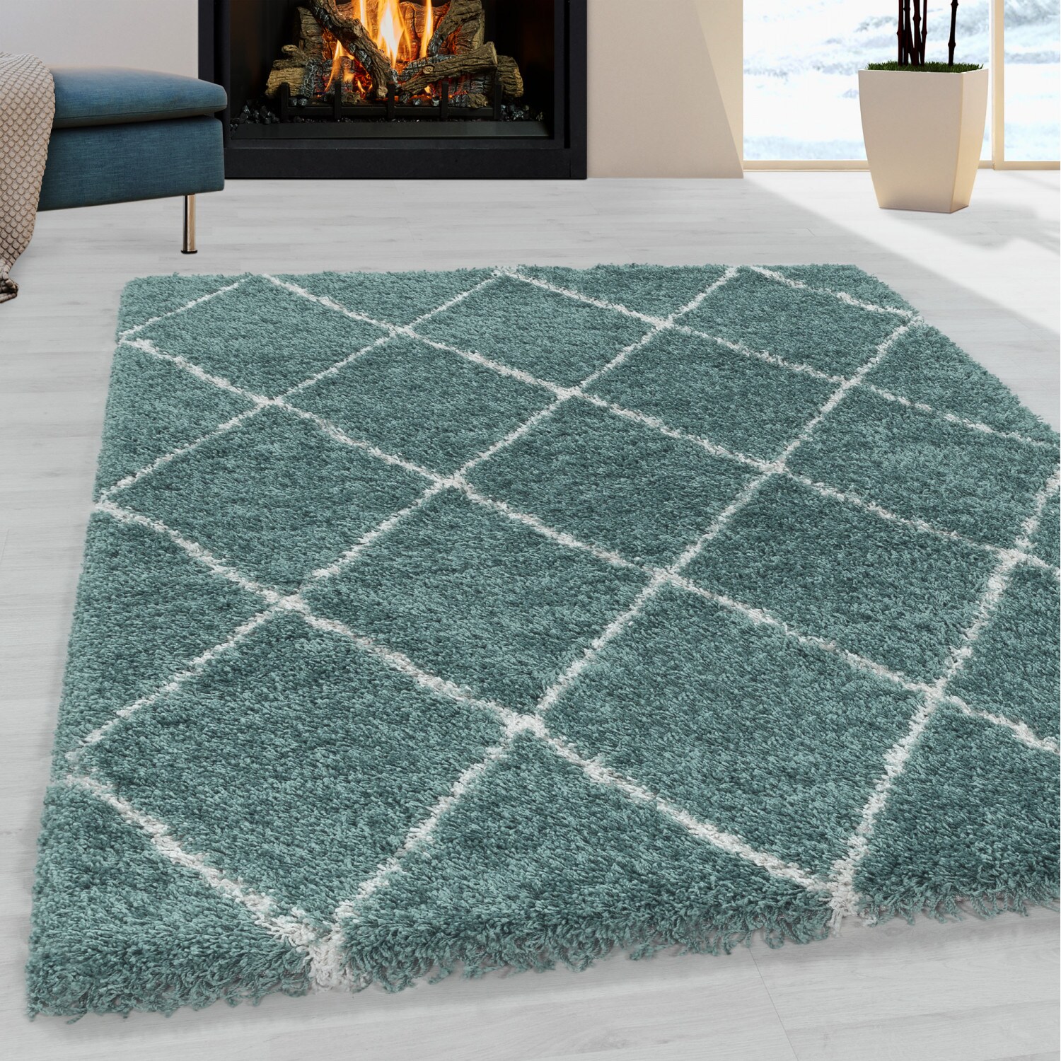 Moderner Hochflor Teppich, Skandinavischer Stil mit Rautenmuster, Shaggy Teppich