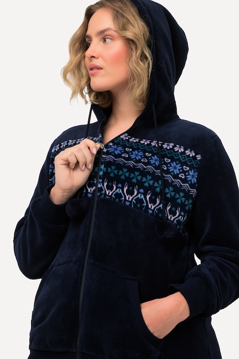 Homewear-Jacke, Norwegermuster, Plüsch, Kapuze