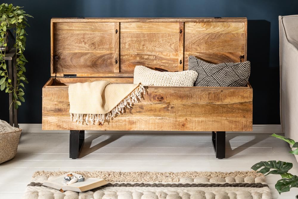 invicta INTERIOR Industrial Truhenbank Factory LOFT 115cm Mangoholz Natur Sitzbank mit Stauraum Holzbank Truhe
