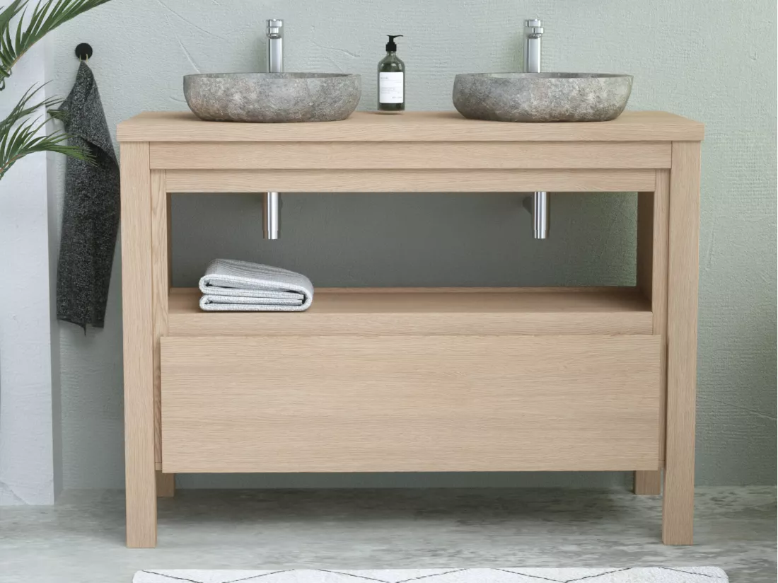 Meuble de salle de bain avec vasque à poser en pierre - Placage chêne - 120 cm - COSMOTI