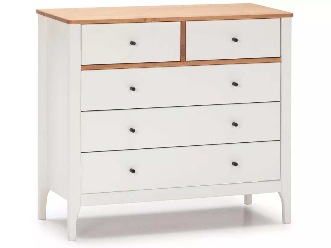 Commode 5 tiroirs Luca dans les tiroirs Blanc/Chêne, 90 cm Longueur