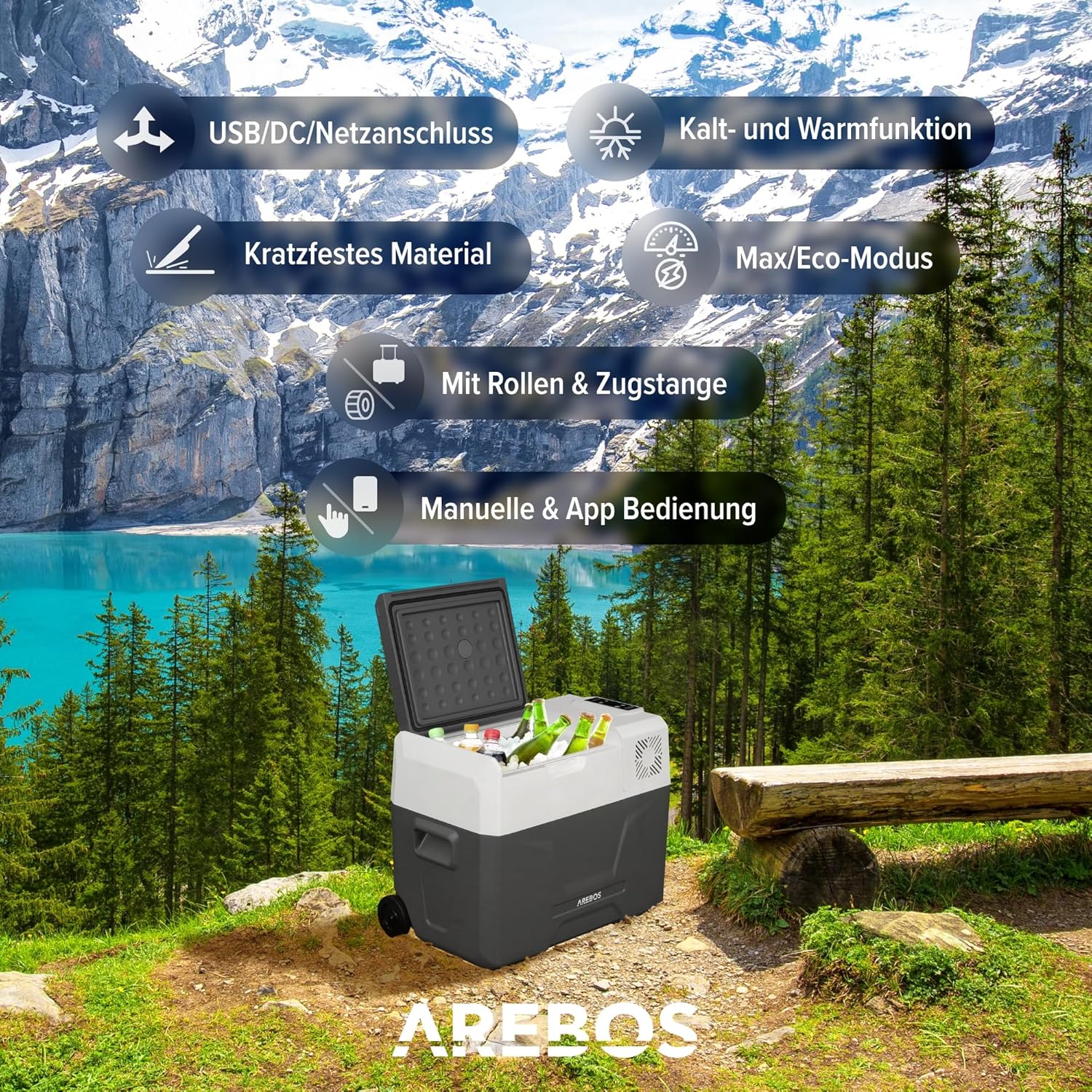 Arebos Kompressor Kühlbox mit Rollen 39 Liter | Elektrische Gefrierbox mit APP & Smart-Steuerung | Mobile Kühltruhe mit USB-Anschluss | bis -20 °C | 12/24 V 230V | für Auto,LKW,Camping,Boot,Wohnmobil