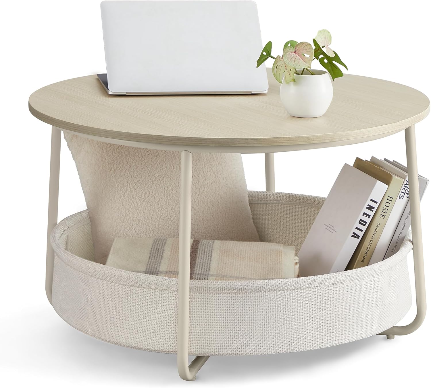 VASAGLE Couchtisch rund, Tisch mit Stauraum, Beistelltisch, Wohnzimmertisch mit Korb aus Stoff, modern, Metallrahmen, naturbeige-cremeweiß LCT244K01