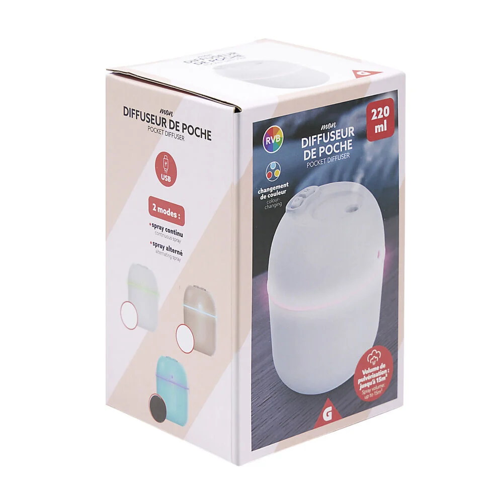 Mini diffuseur d'huile essentielle LED RVB 220ml Ø8xH10cm (3 modèles)