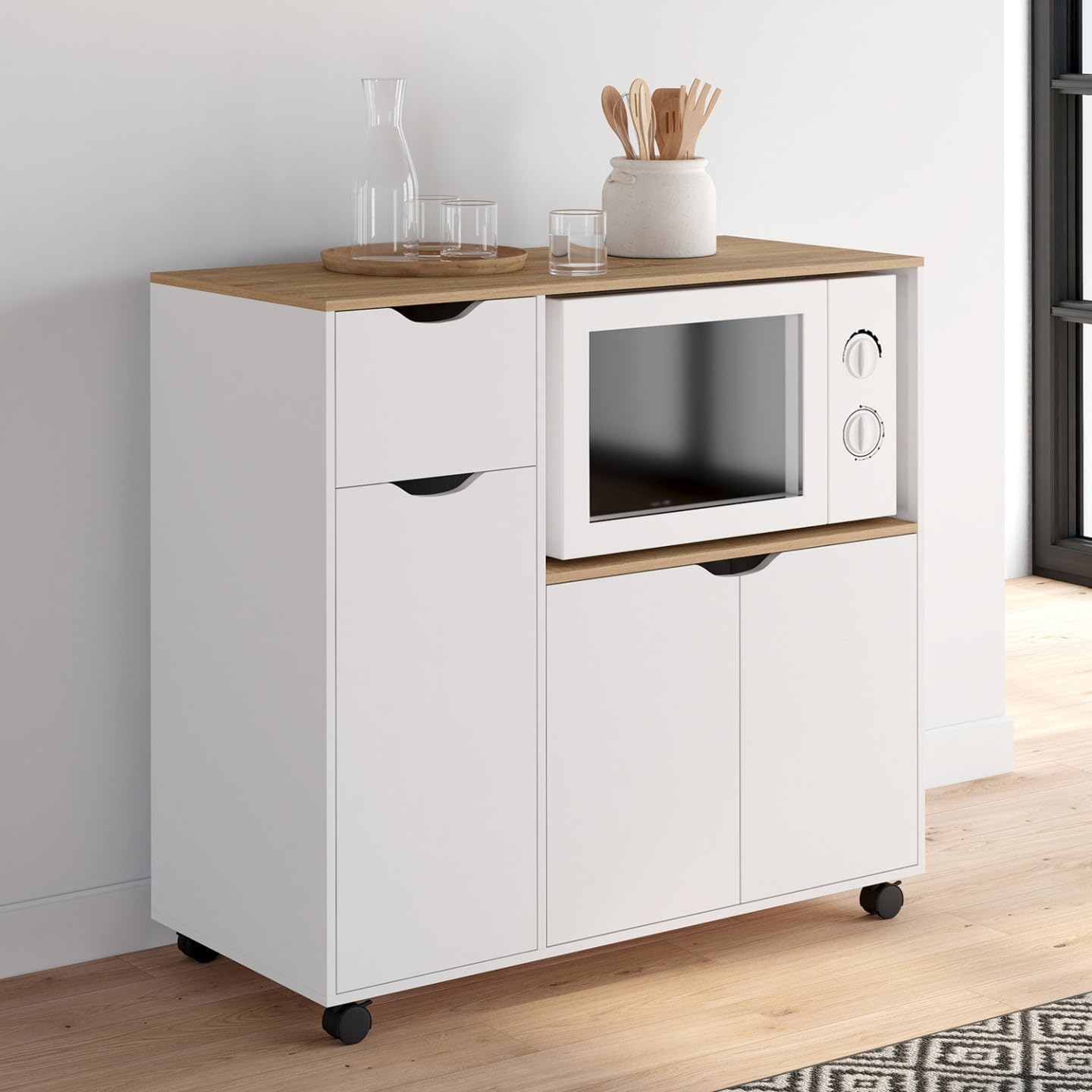 IDMarket - Desserte micro-onde de cuisine COSI XXL placards avec tiroir bois blanc et plateaux façon hêtre L.90 CM YO4213874