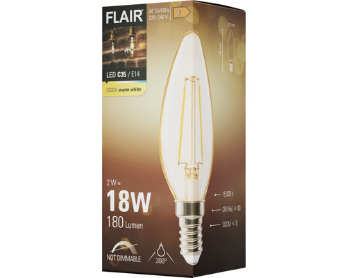 FLAIR LED kaarslamp C35 amber E14/2W(18W) 180 lm 2000K warm wit